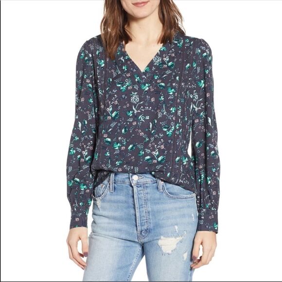 Hinge Lace Stripe Floral V-Neck Blouse - Picture 1 of 1